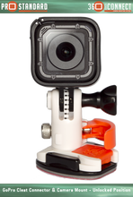 360 Quick Connect GoPro Cleat Connector and 360 Quick Connect Camera Mount for GoPro Cameras shown in unlocked position with GoPro Hero 5 Session
