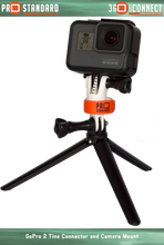 360 Quick Connect Camera Mount for GoPro Cameras and a 360 Quick Connect 2 Tine GoPro Connector on a GoPro tripod