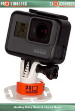 360 Quick Connect Leaverite Webbing Sticky Mount for GoPro Cameras shown with 360 Quick Connect Camera Mount and a GoPro Hero 5 Black